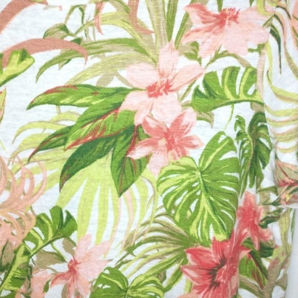 J Jill Love Linen Top Medium Women's Floral Tropical Tie Front Beach Green Pink - Picture 4 of 8